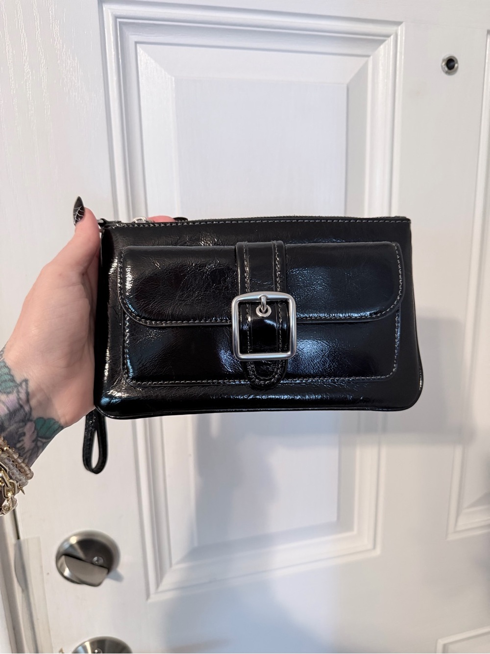 Coach Black Patent Leather Wristlet with Silver Buckle